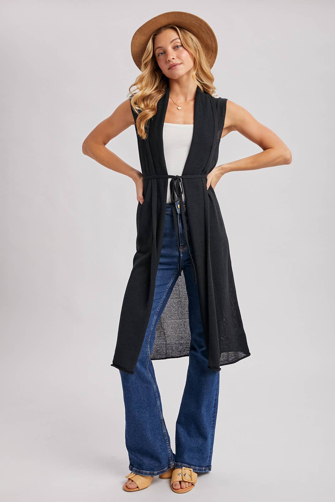 Sleeveless Belted Vest Cardigan