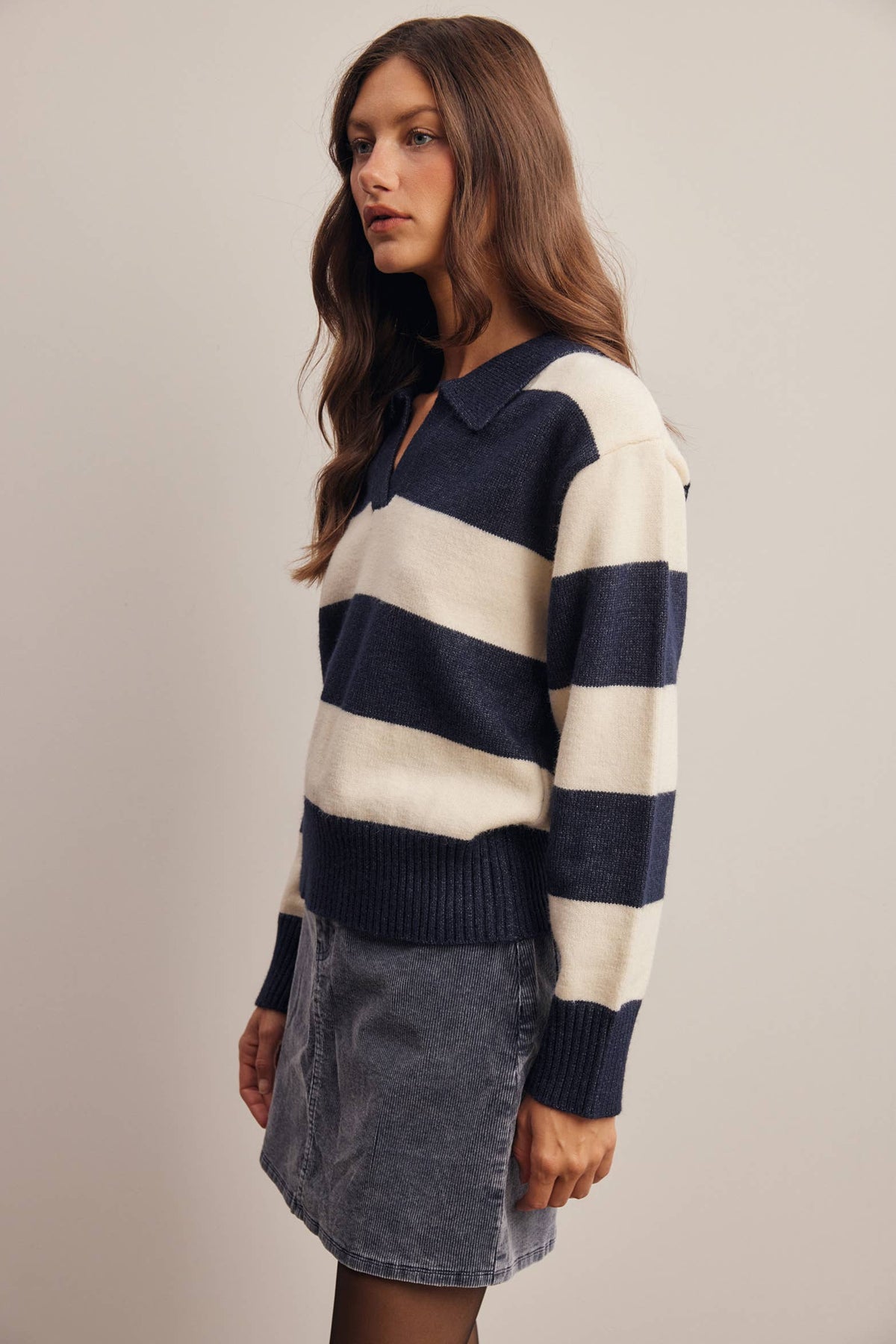 Striped Collared Knit Sweater FSW0089