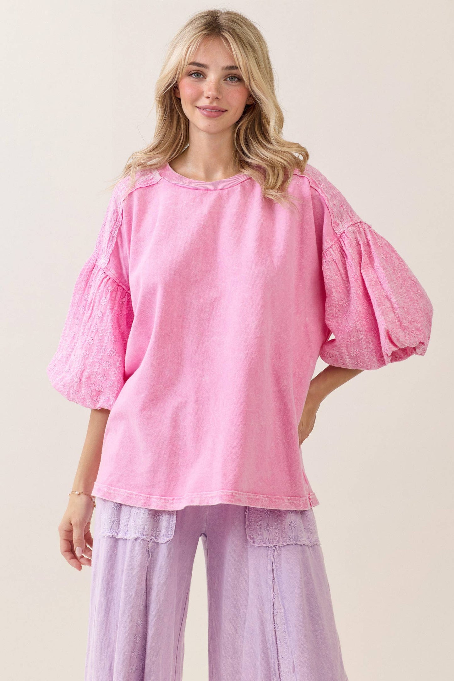 Mineral Washed Eyelet Puff Sleeve Blouse