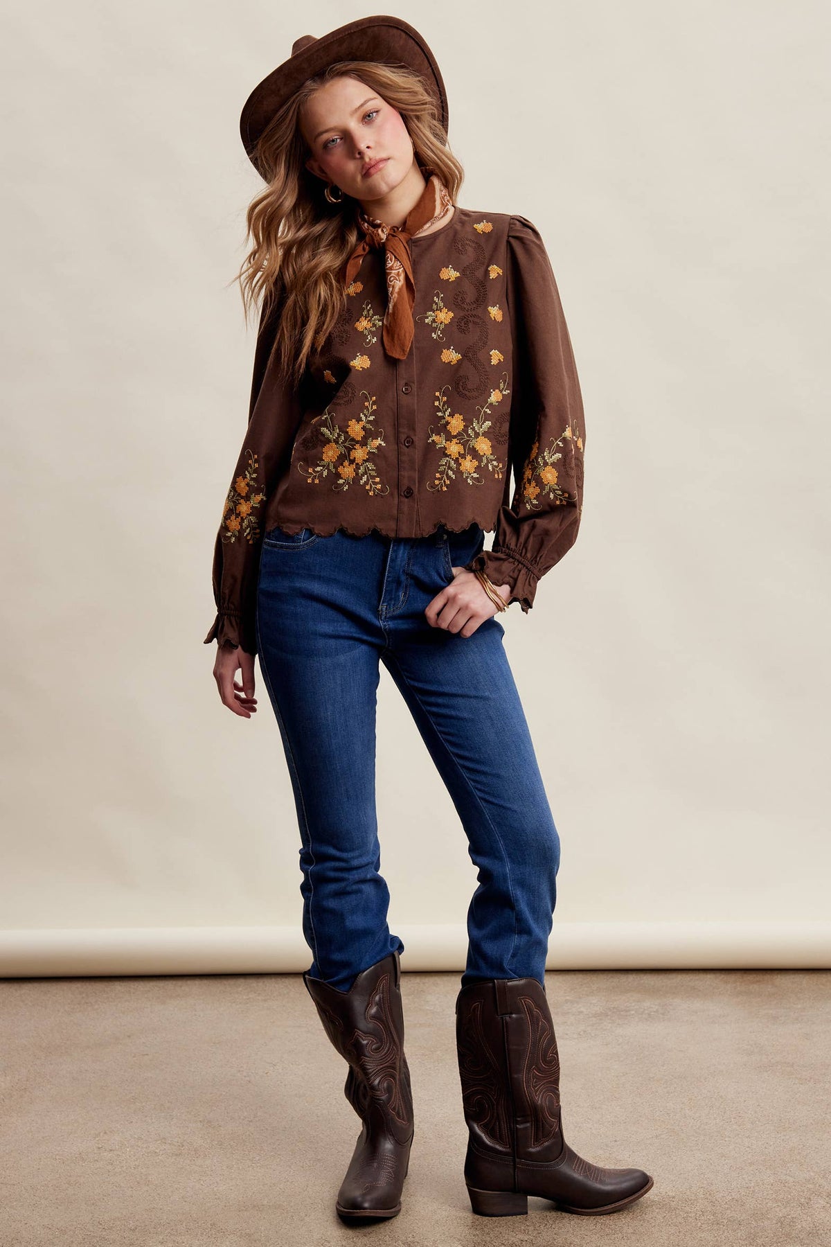 Embroidered Scallop Hem Cotton Blouse LT1482