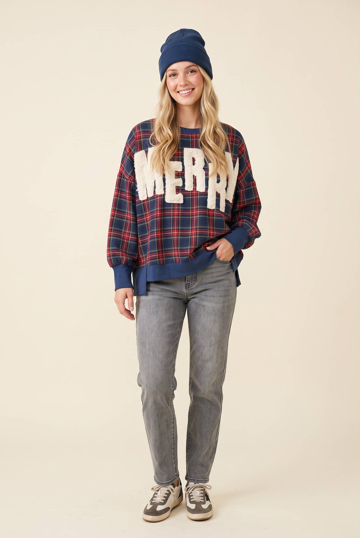Merry Plaid Sherpa Applique Pullover Sweatshirt