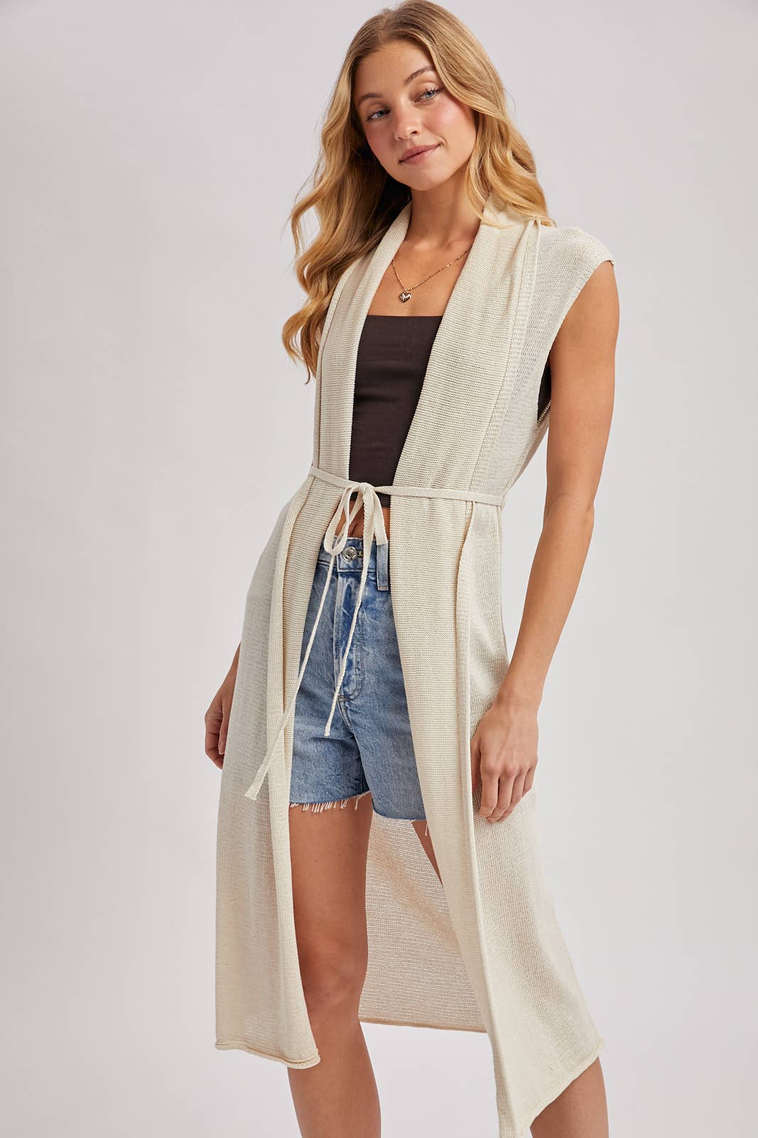 Sleeveless Belted Vest Cardigan