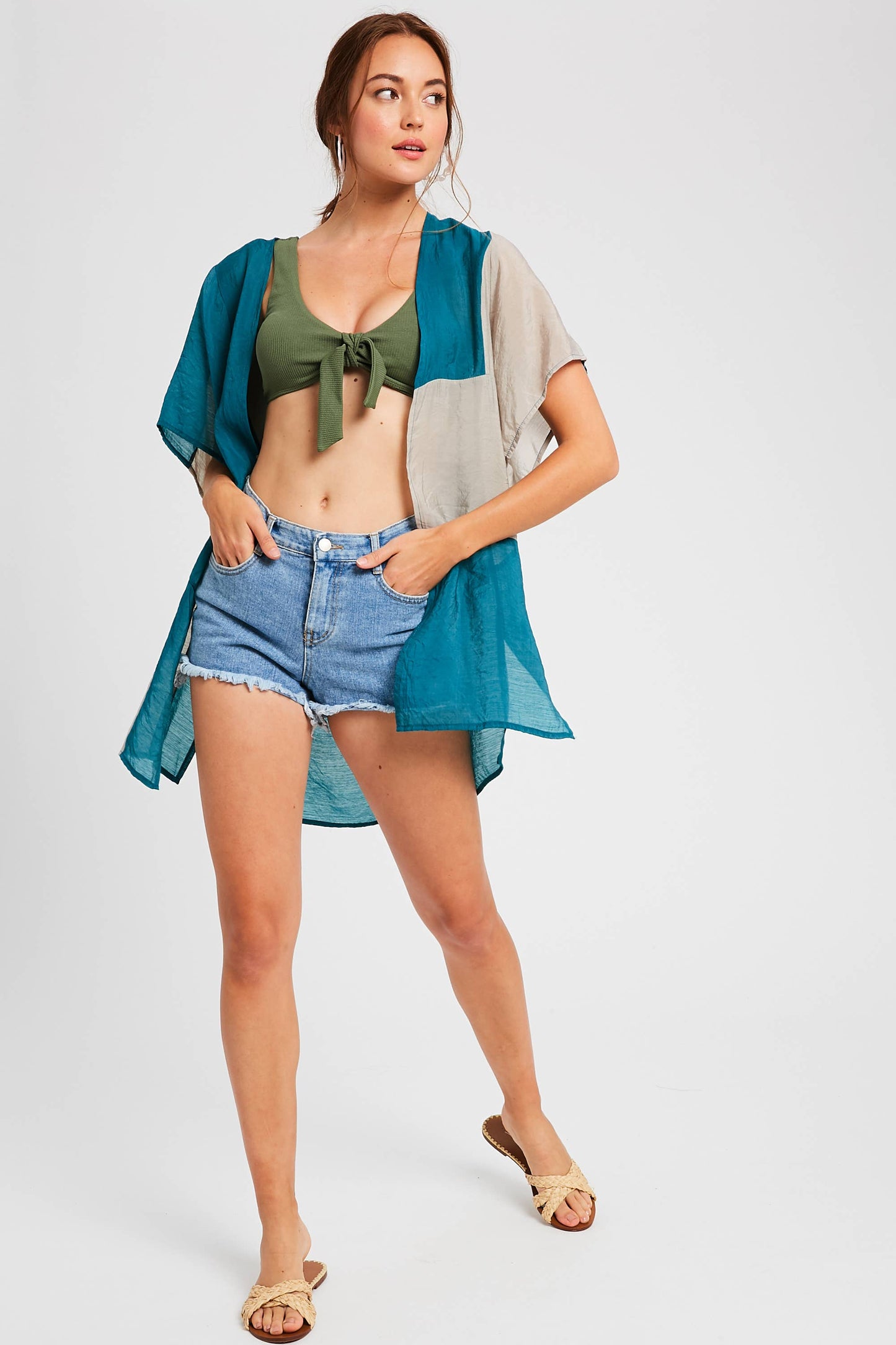 Semi Sheer Color Block Kimono Cardigan