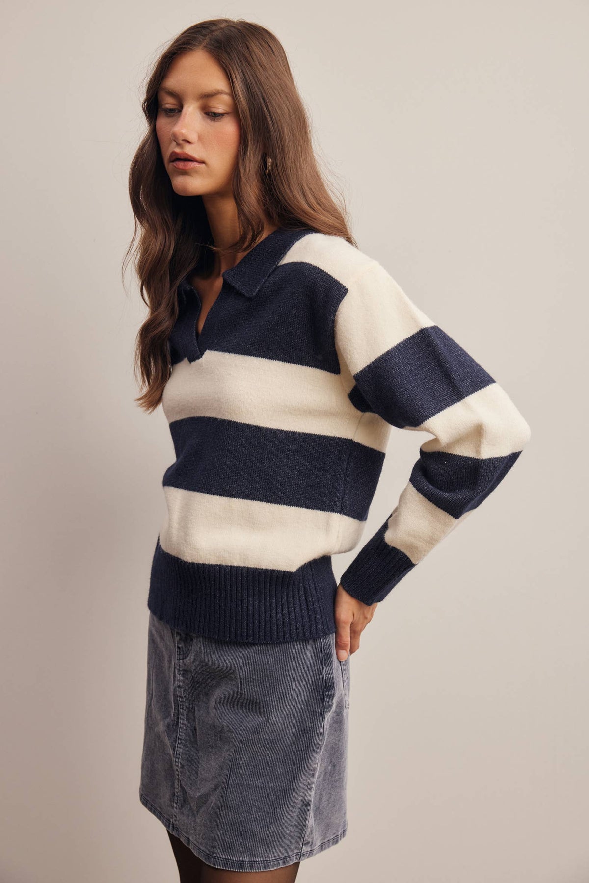 Striped Collared Knit Sweater FSW0089