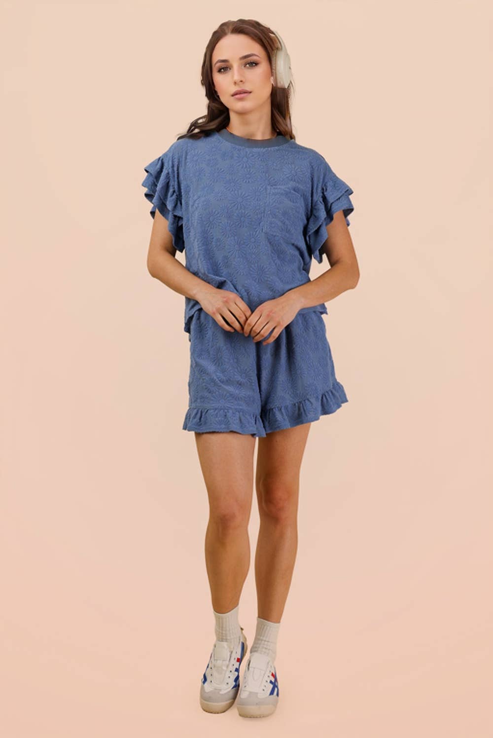 Floral Textured Ruffled Knit Top & Shorts Set