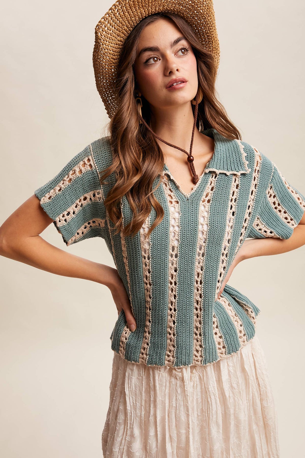 Crochet Stripe Knit Collar Top LSW1040