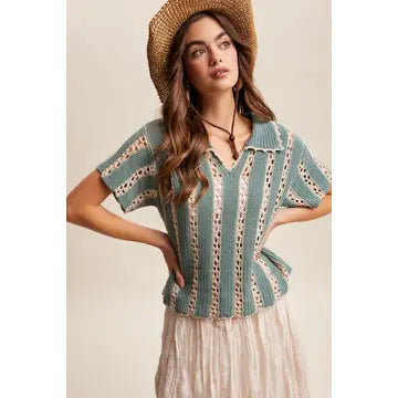 Pointelle Striped Knit Top