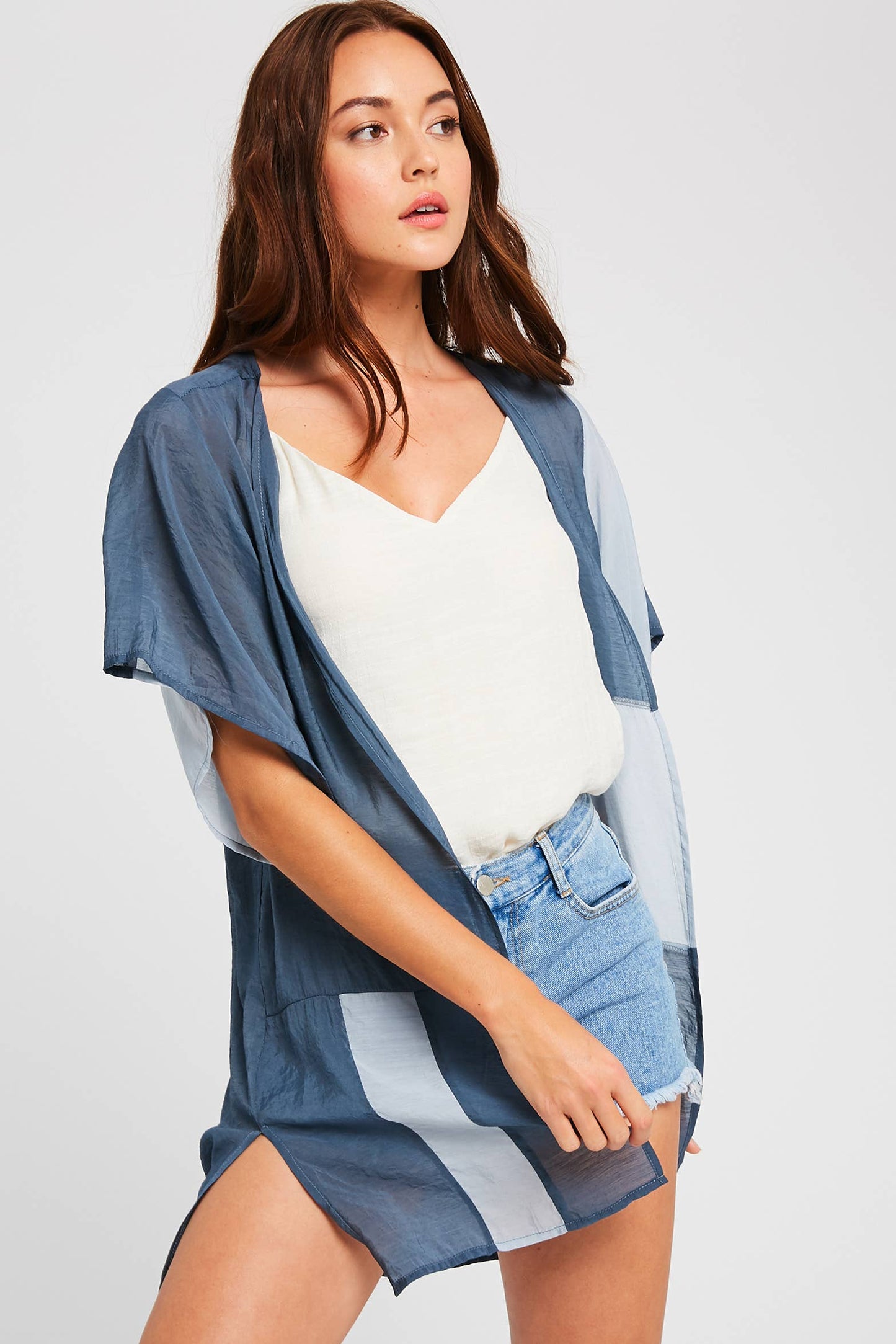 Semi Sheer Color Block Kimono Cardigan
