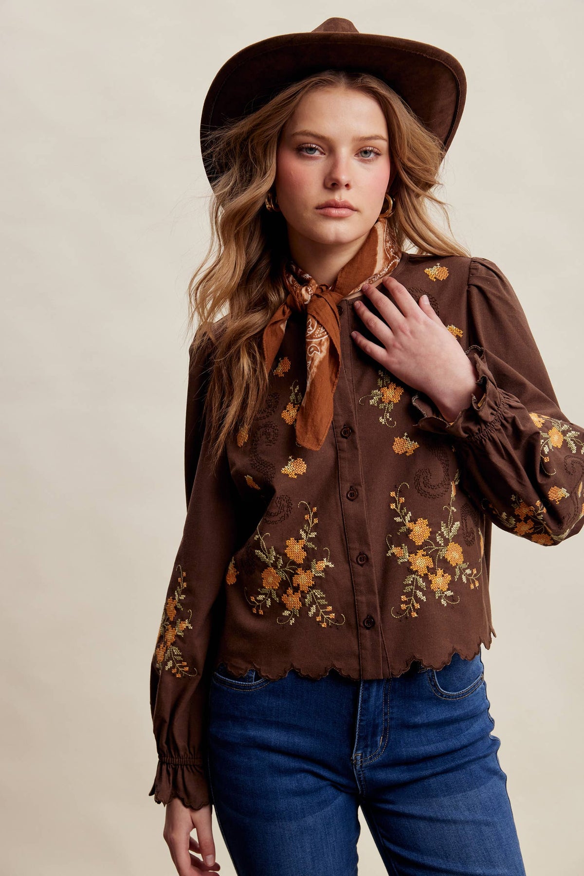 Embroidered Scallop Hem Cotton Blouse LT1482