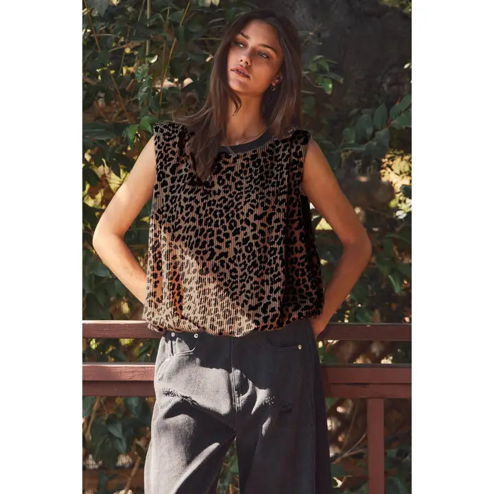 Textured Leopard Bubble Sleeveless Top