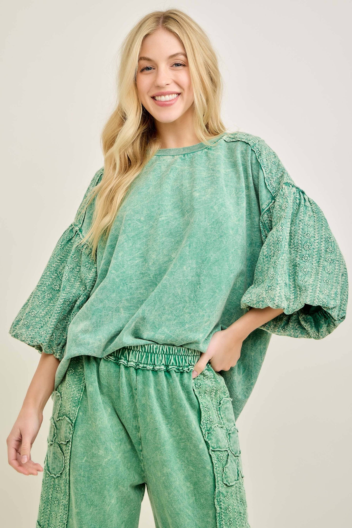 Mineral Washed Eyelet Puff Sleeve Blouse