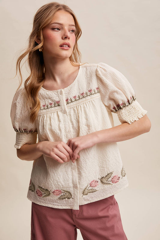 Embroidered Puff-Sleeve Blouse