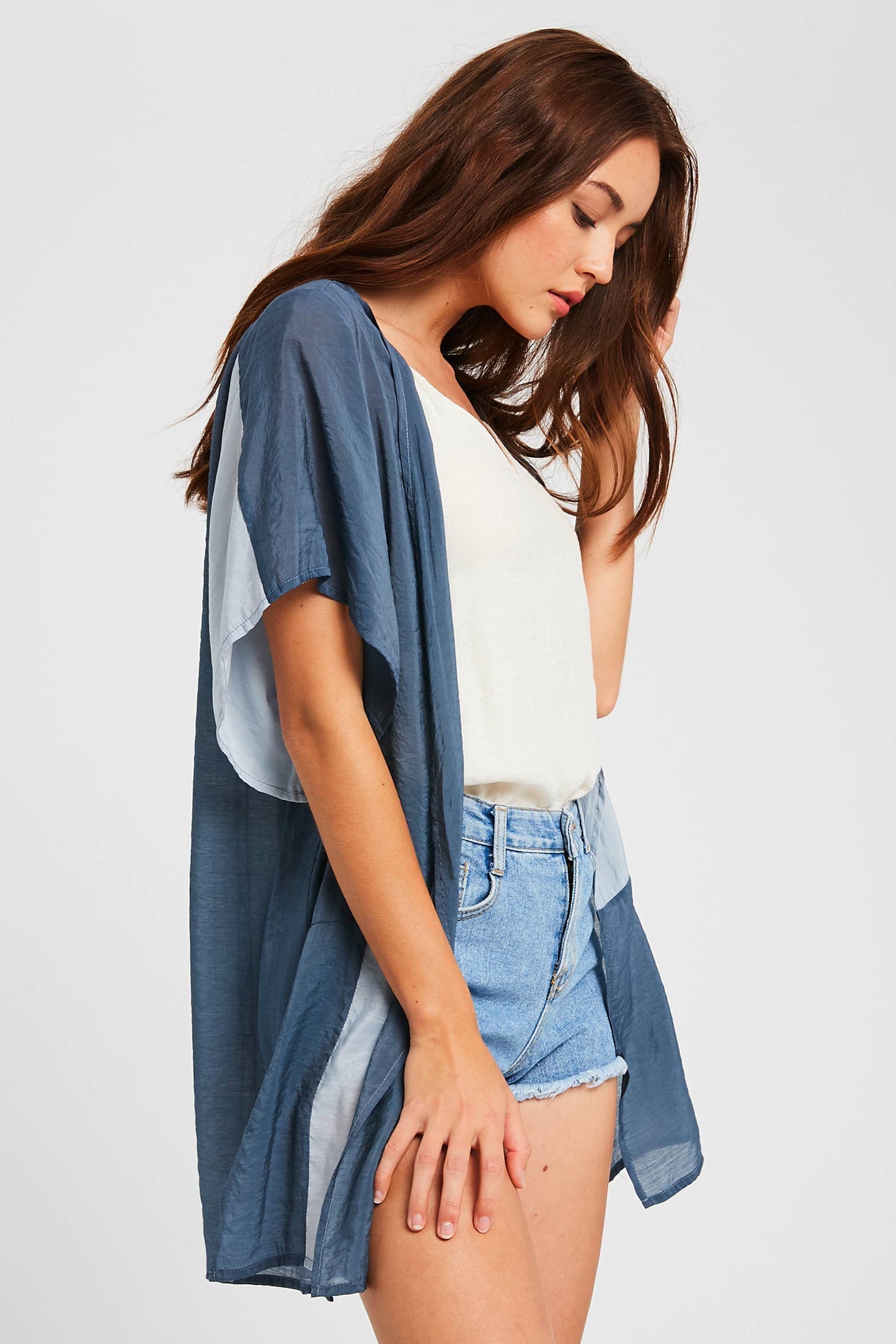 Semi Sheer Color Block Kimono Cardigan