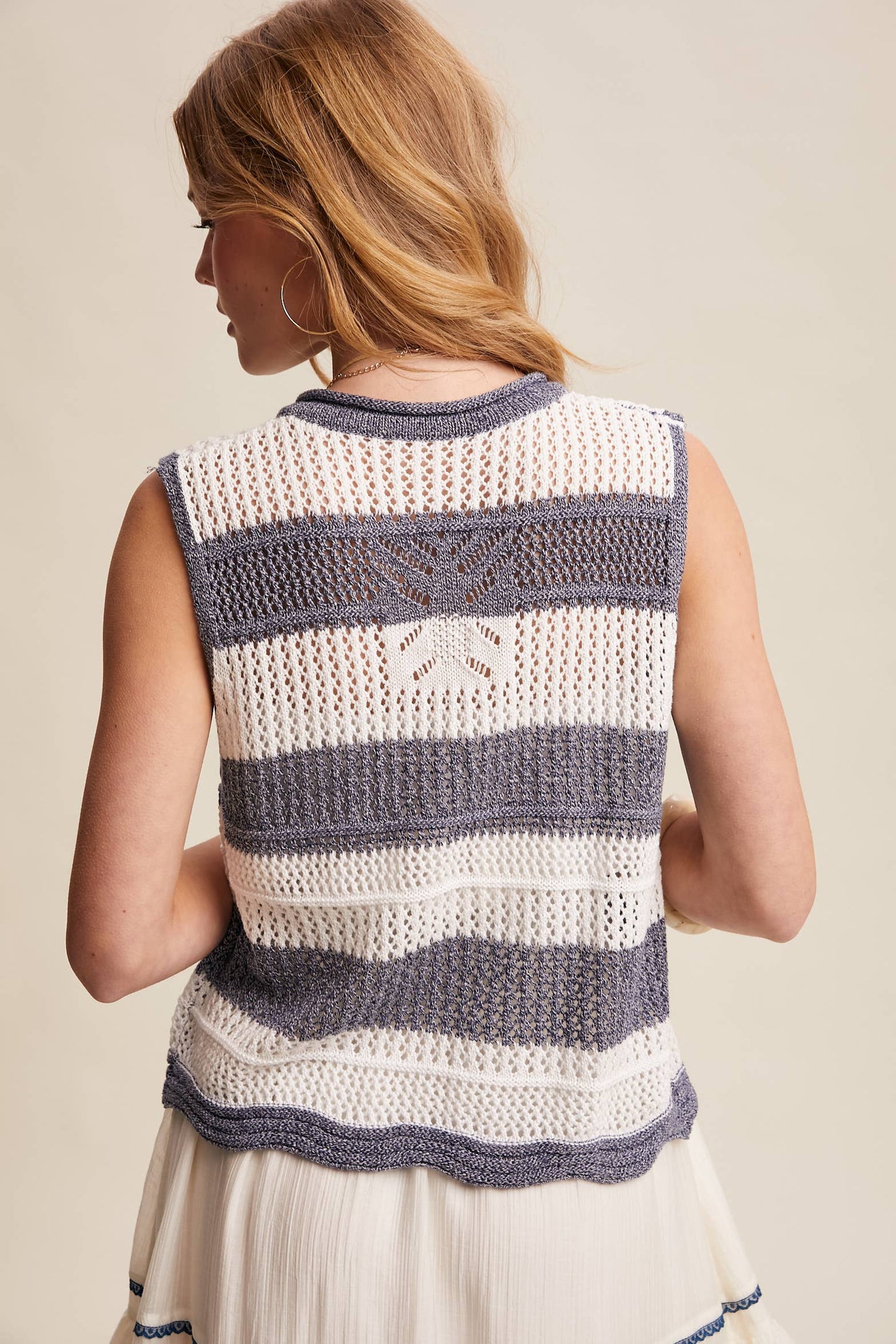 Striped Crochet Tie-Front Knit Vest