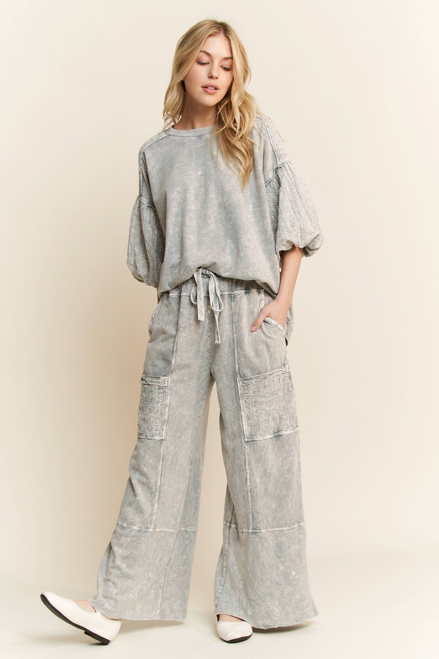 Mineral Washed Eyelet Puff Sleeve Blouse