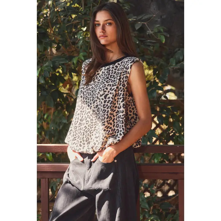 Textured Leopard Bubble Sleeveless Top