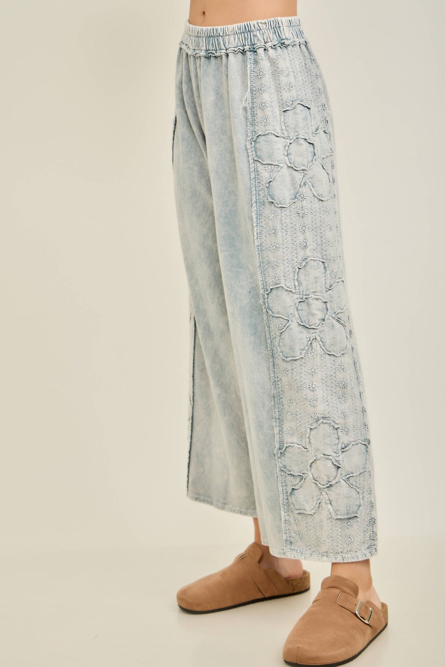 Mineral Washed Eyelet Flower Pants