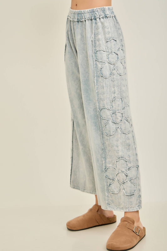 Mineral Washed Eyelet Flower Pants