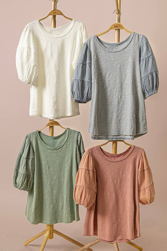 Mineral Washed Puff Sleeve Top