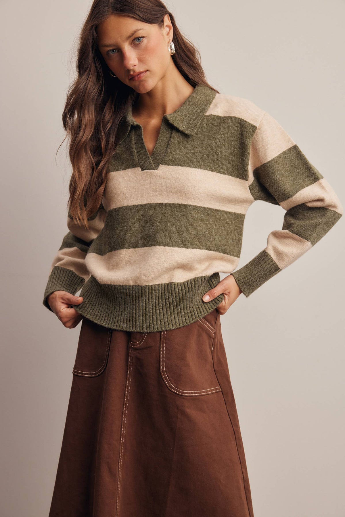 Striped Collared Knit Sweater FSW0089