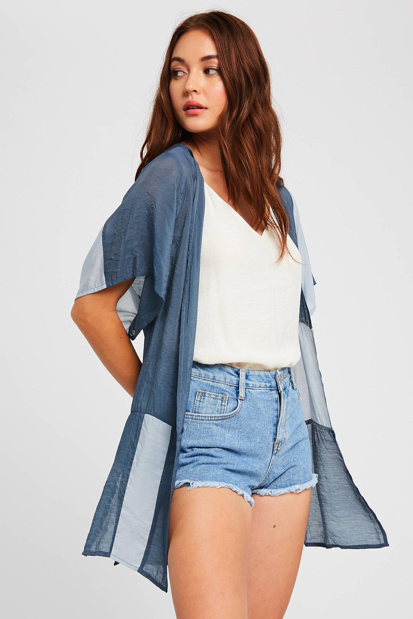 Semi Sheer Color Block Kimono Cardigan