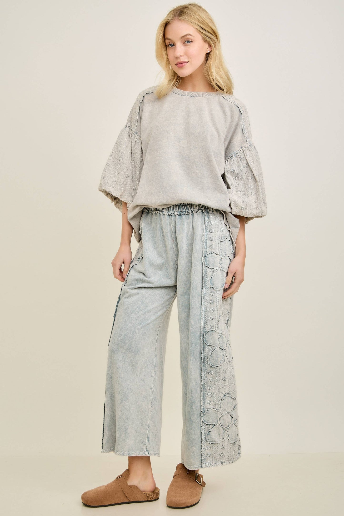 Mineral Washed Eyelet Flower Pants