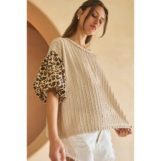 Leopard Bubble Sleeve Knit Top