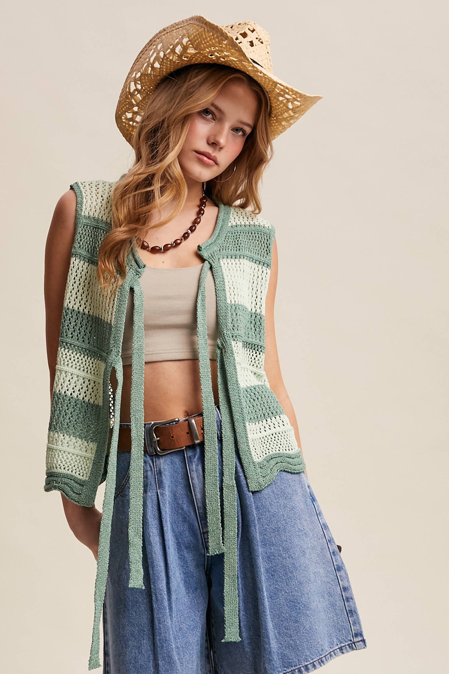 Striped Crochet Tie-Front Knit Vest