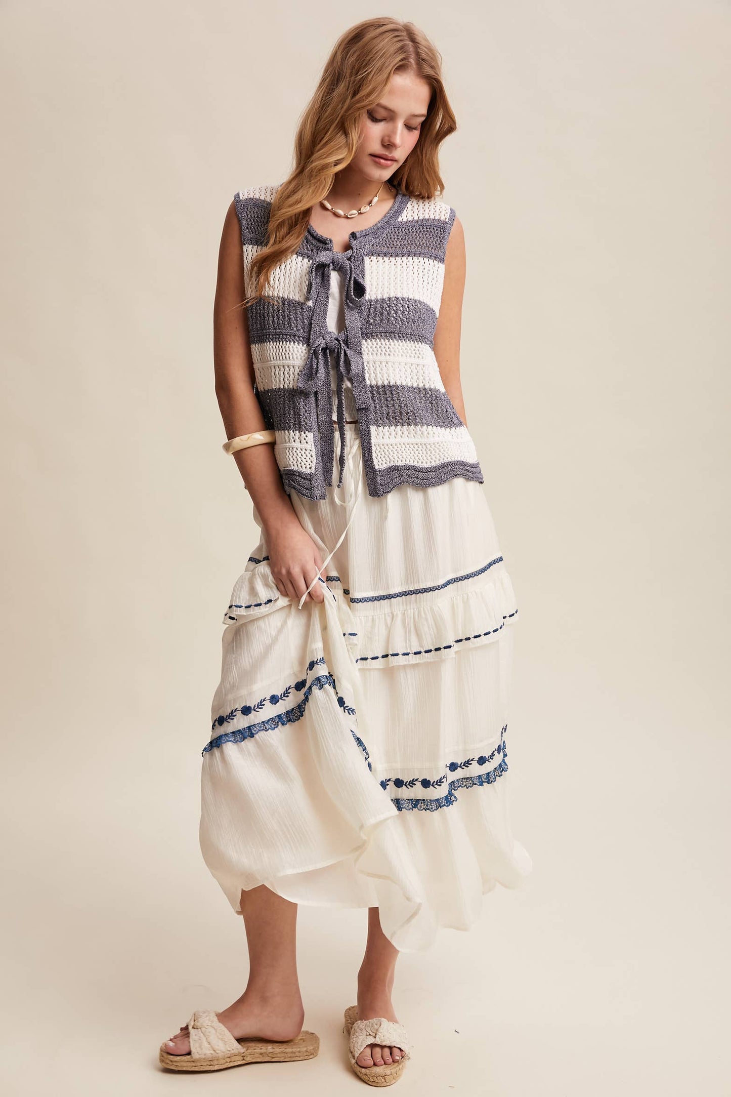 Striped Crochet Tie-Front Knit Vest