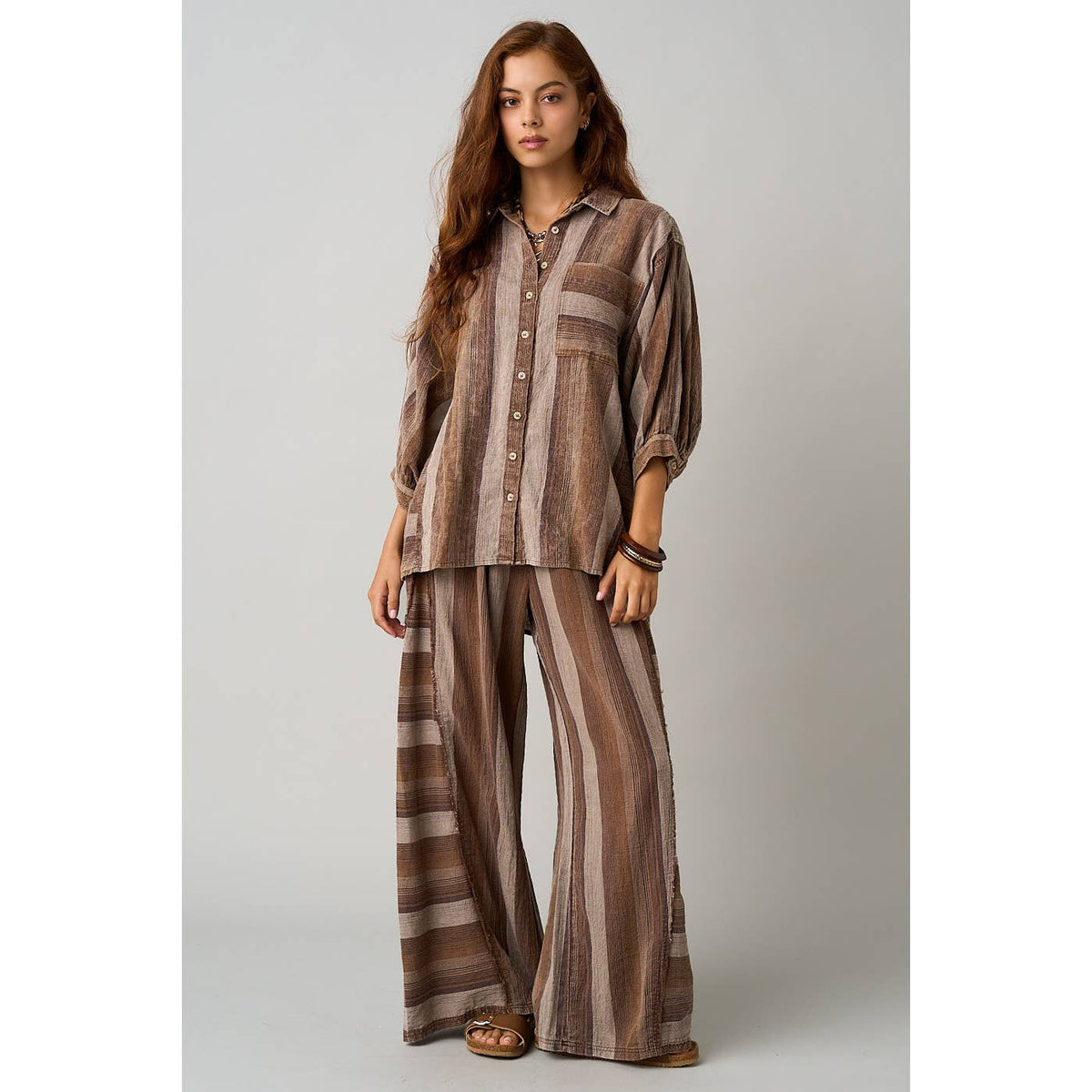 STRIPED BUTTON DOWN BALLOON SLEEVE SHIRT