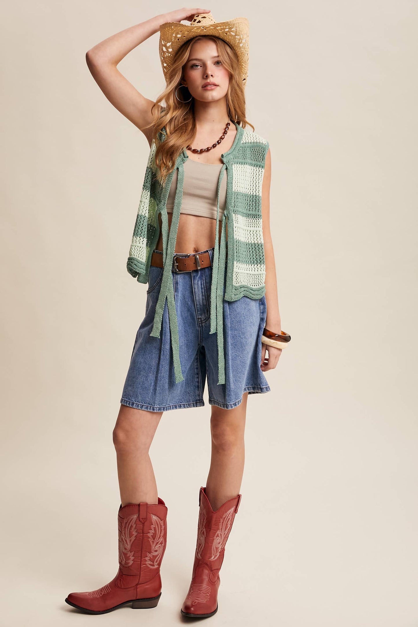 Striped Crochet Tie-Front Knit Vest