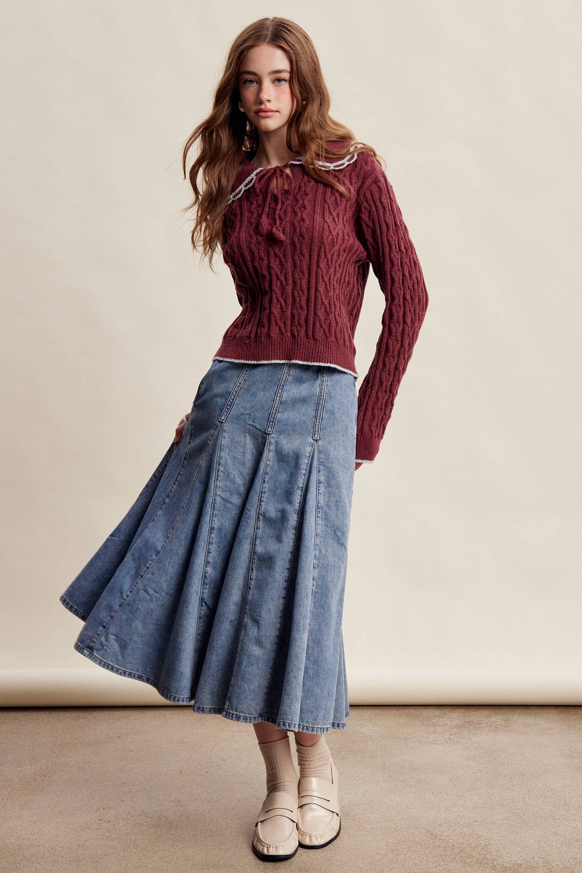Scalloped Collar Cable Knit Sweater LSW1067