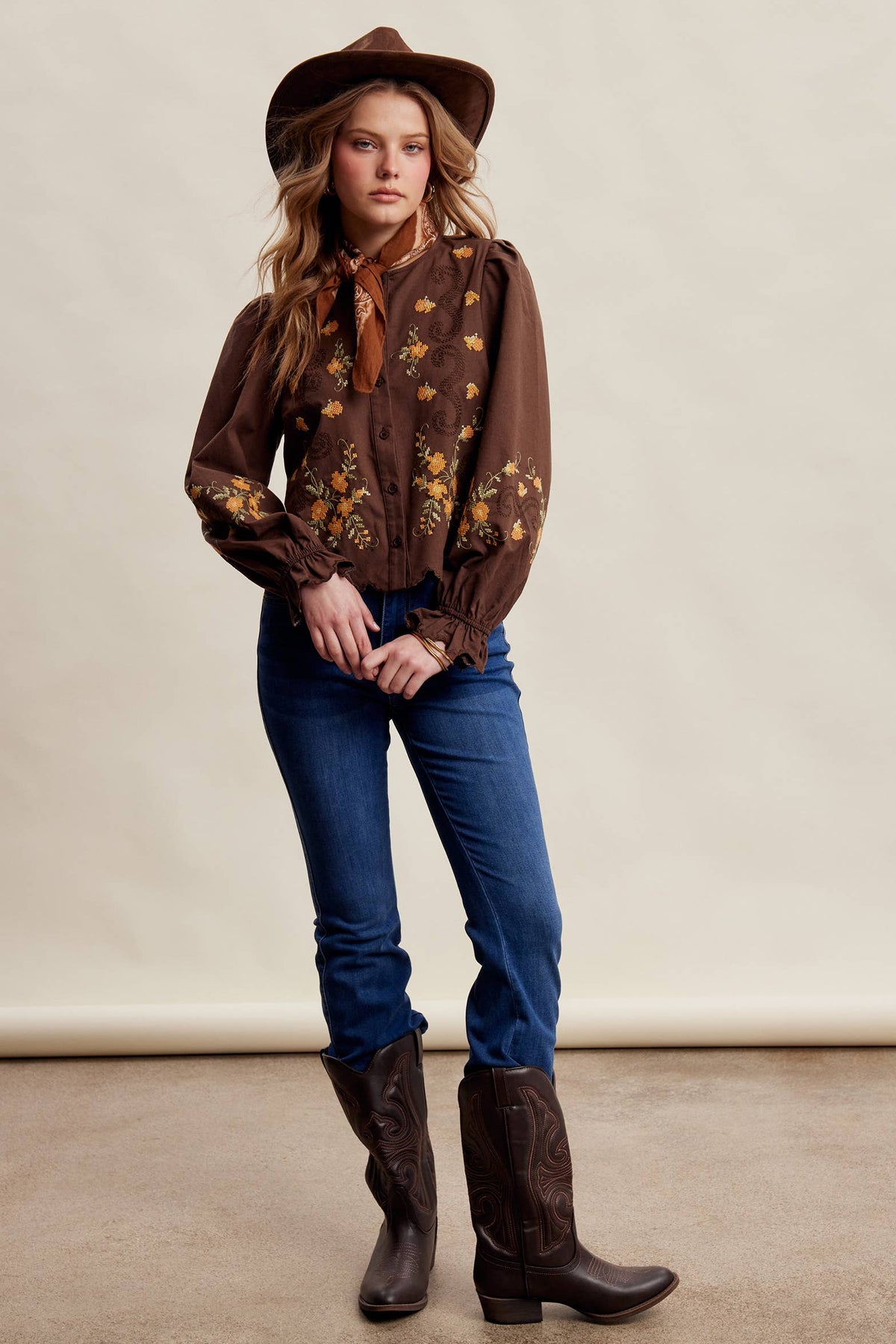 Embroidered Scallop Hem Cotton Blouse LT1482