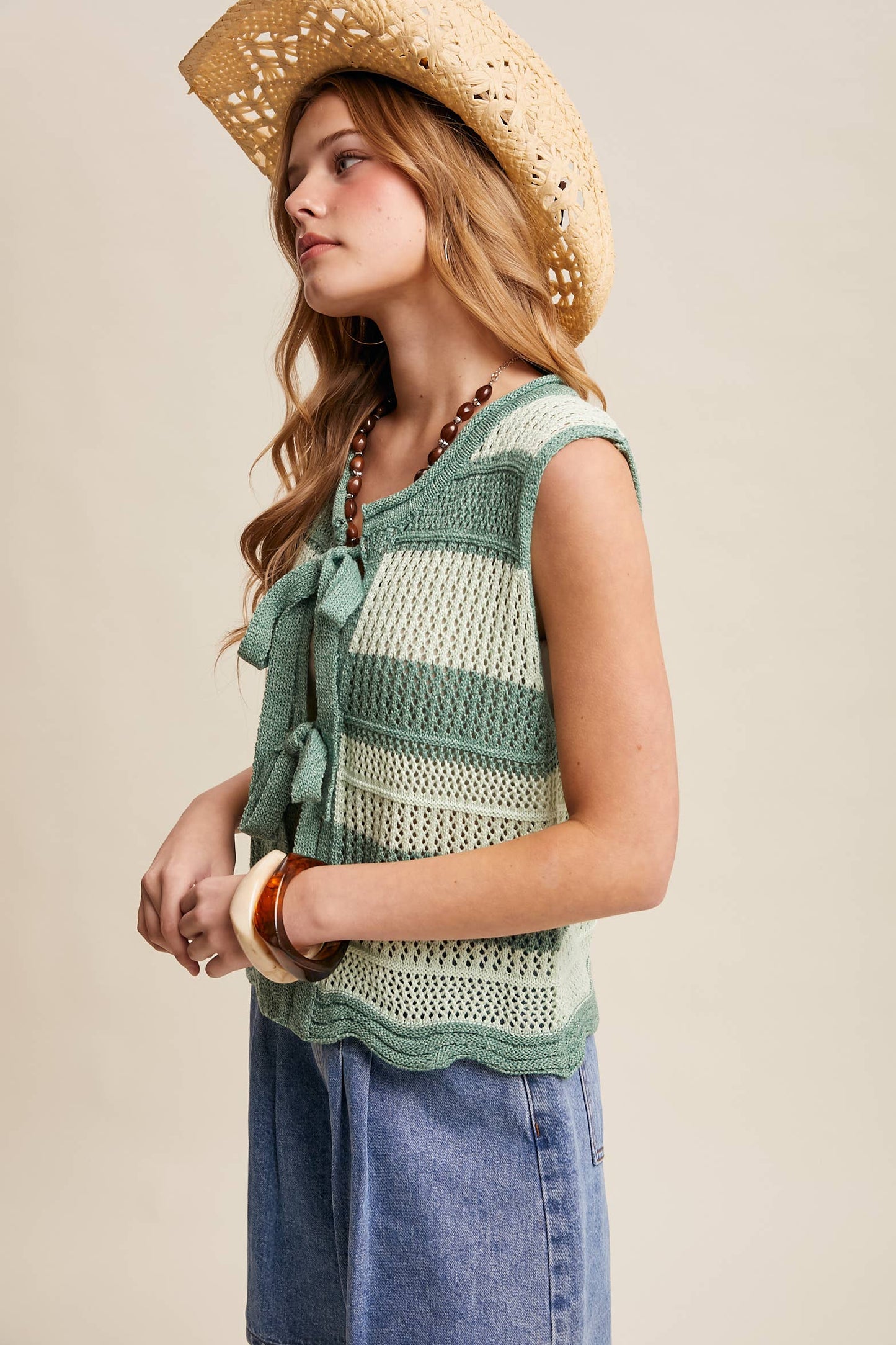 Striped Crochet Tie-Front Knit Vest