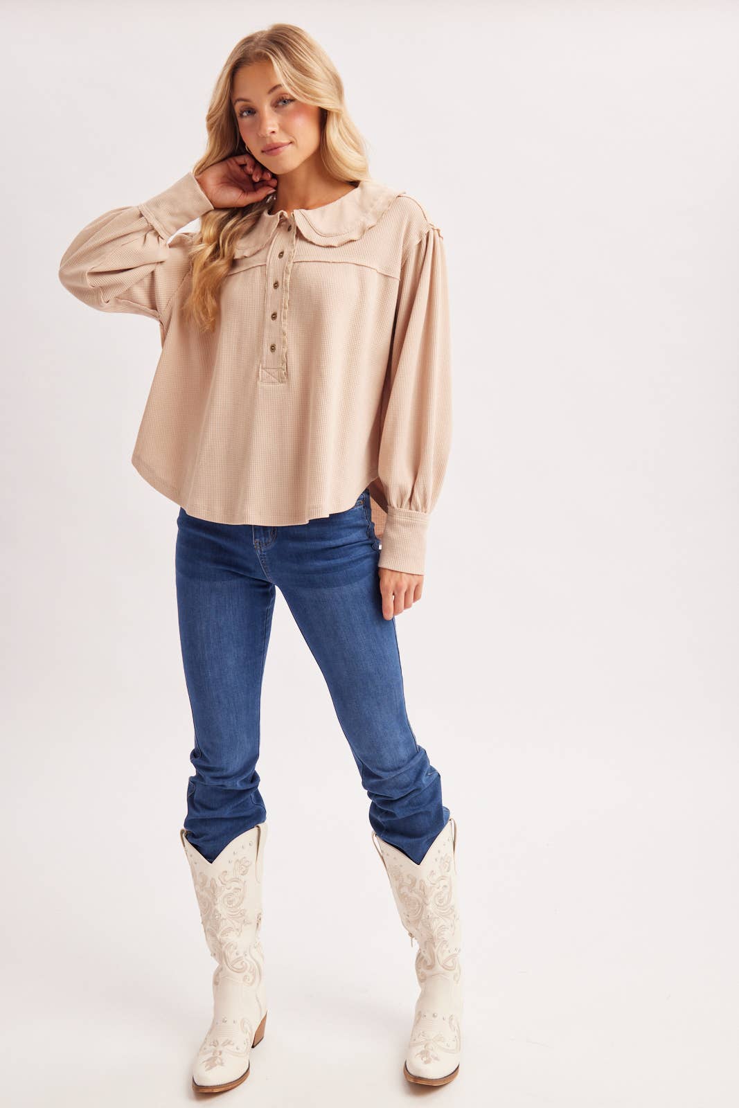 BILLOWY SILHOUETTE COLLARED NECK WAFFLE KNIT TOP