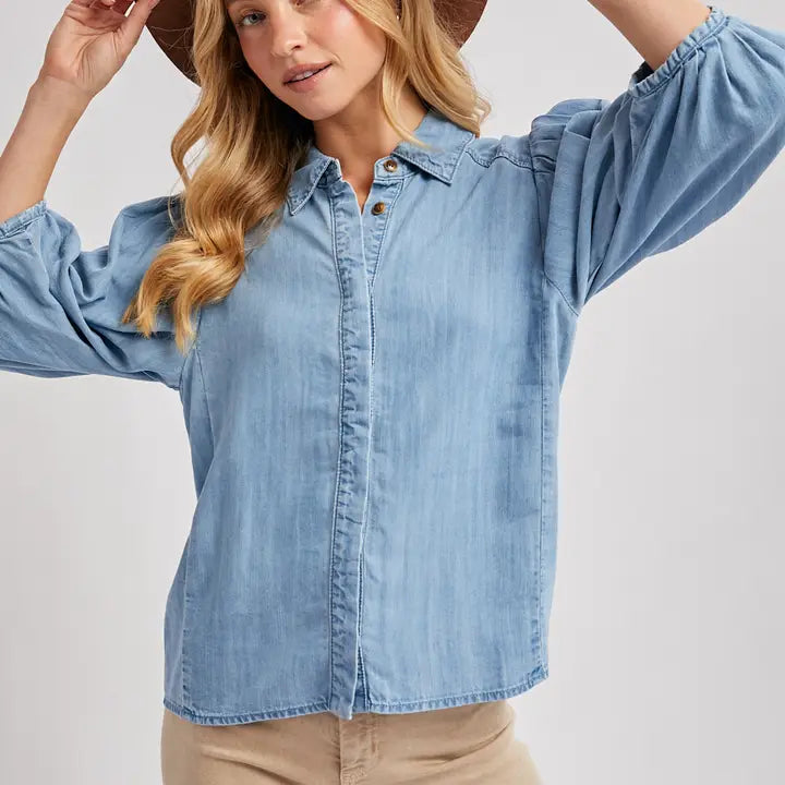 Denim Button Puff Sleeve Top