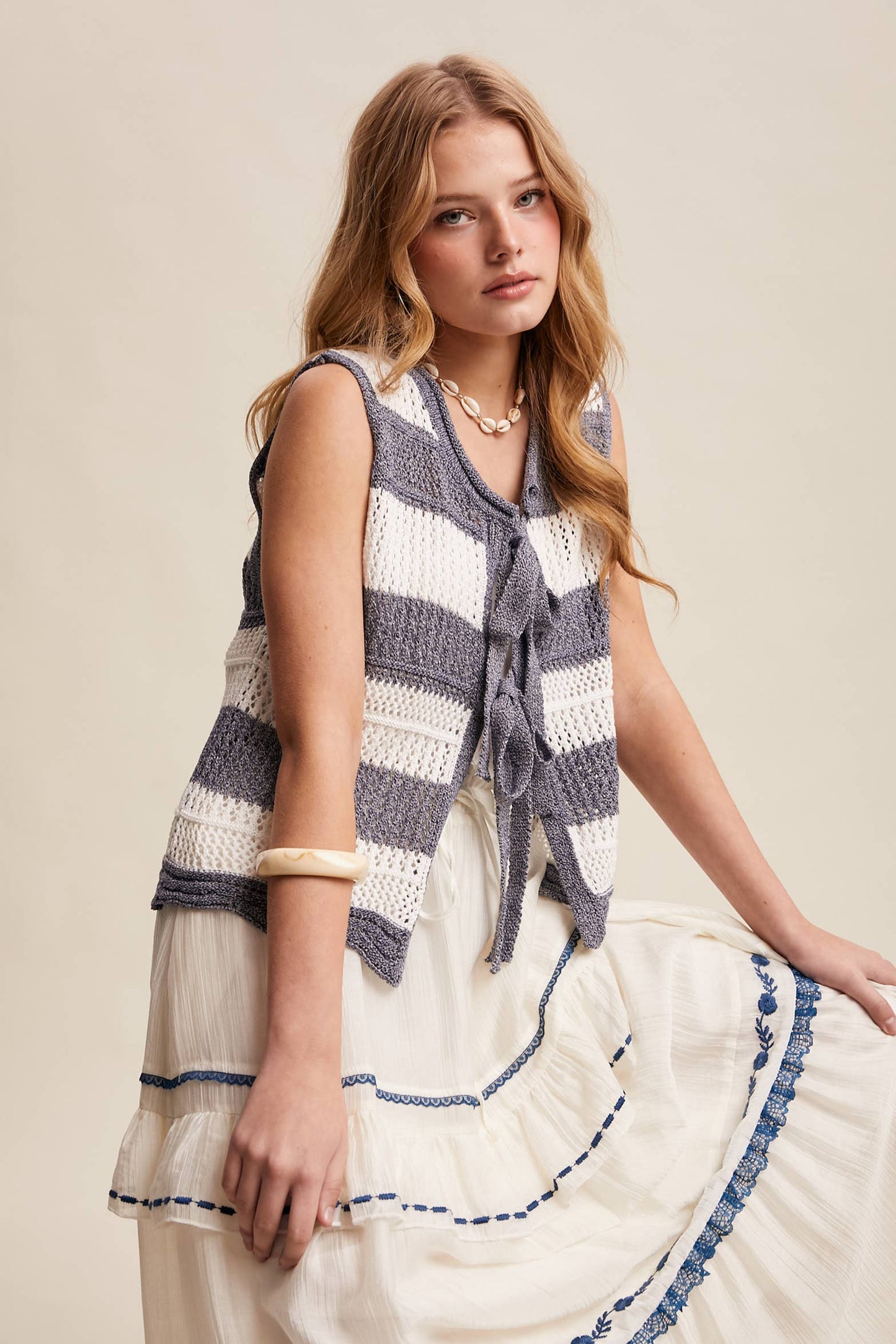 Striped Crochet Tie-Front Knit Vest