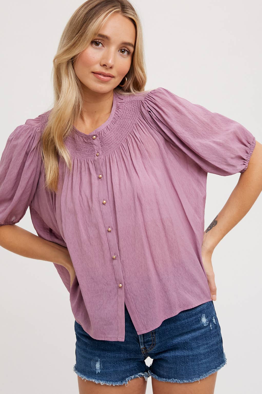 Ruched Neck Bubble Blouse