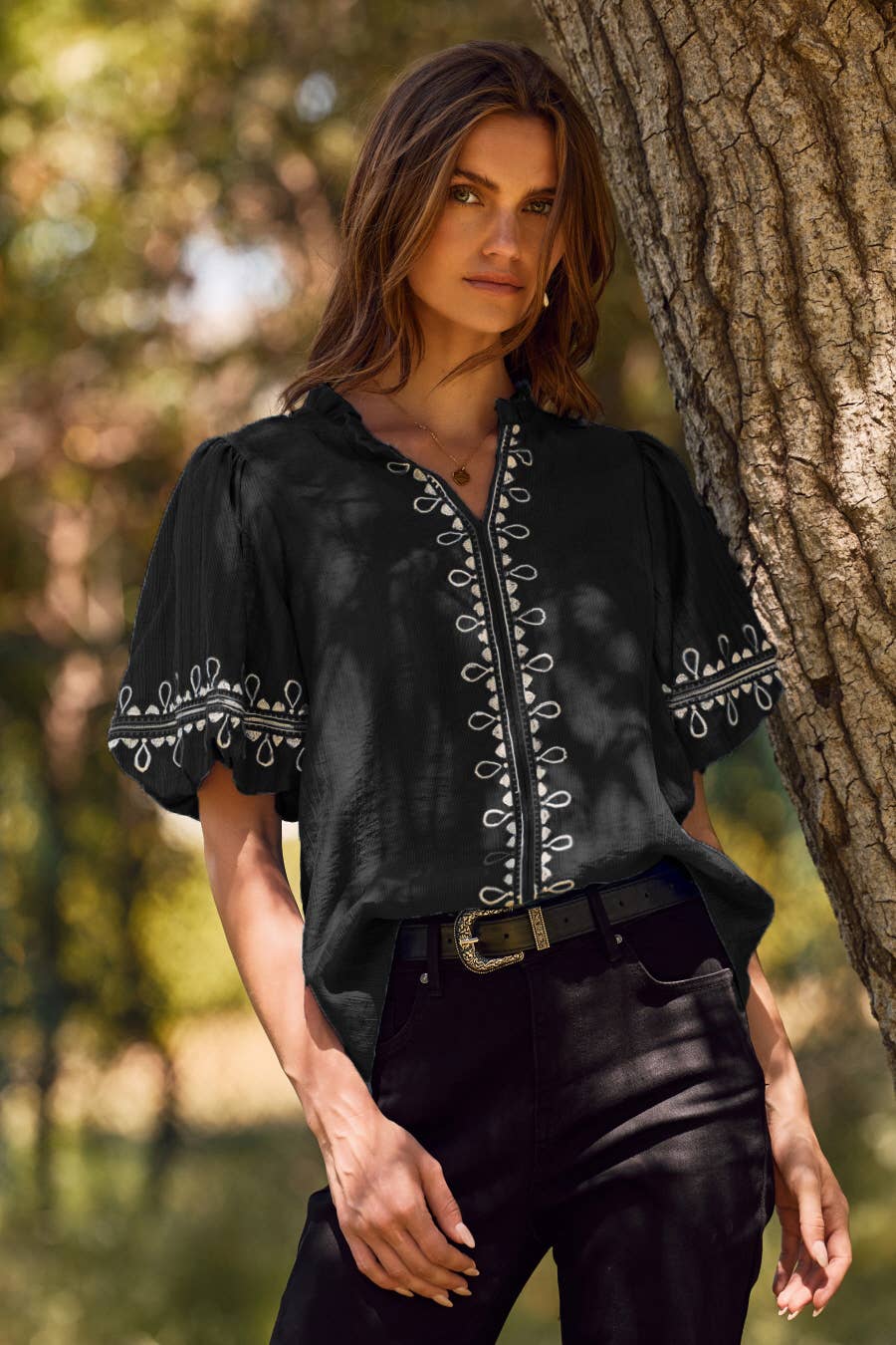 Embroidered Bubble Sleeve Blouse