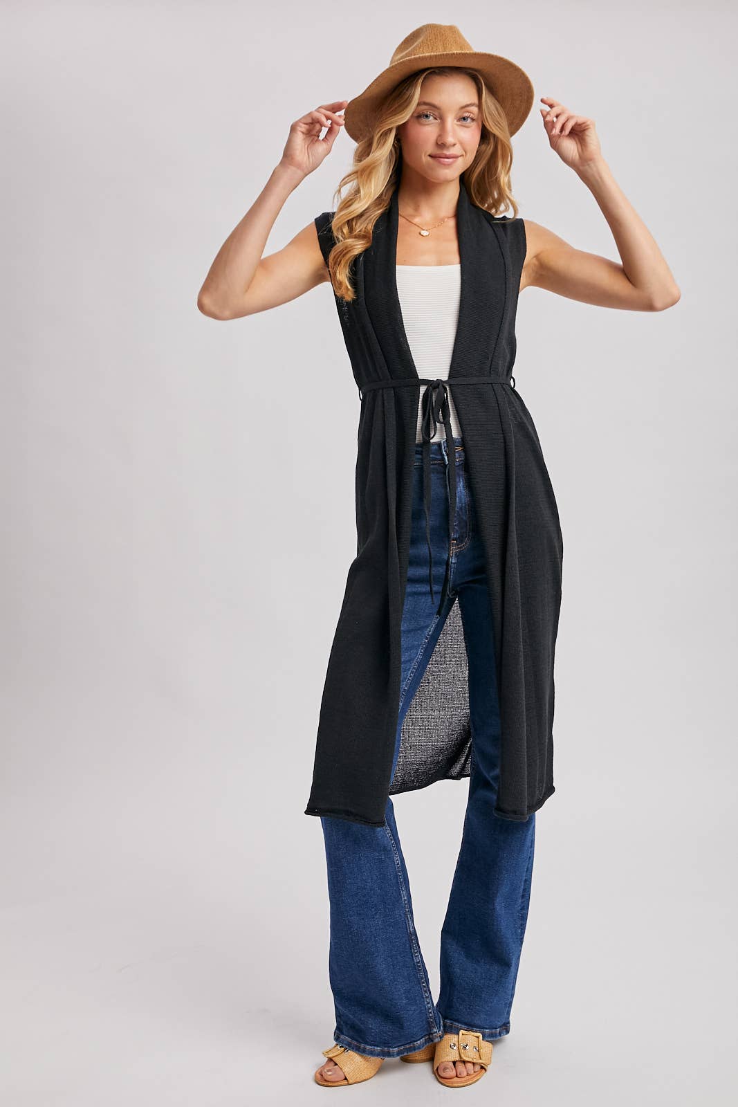 Sleeveless Belted Vest Cardigan