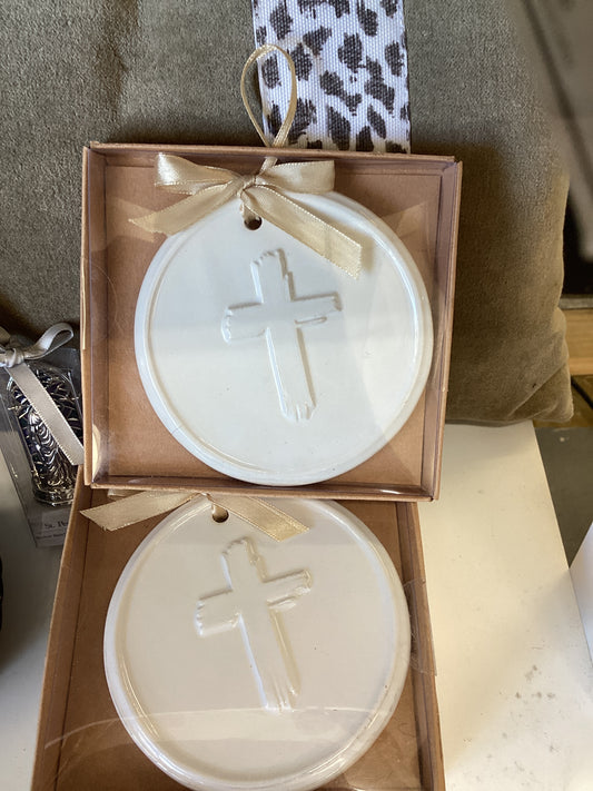 Embossed Cross Ornament-white
