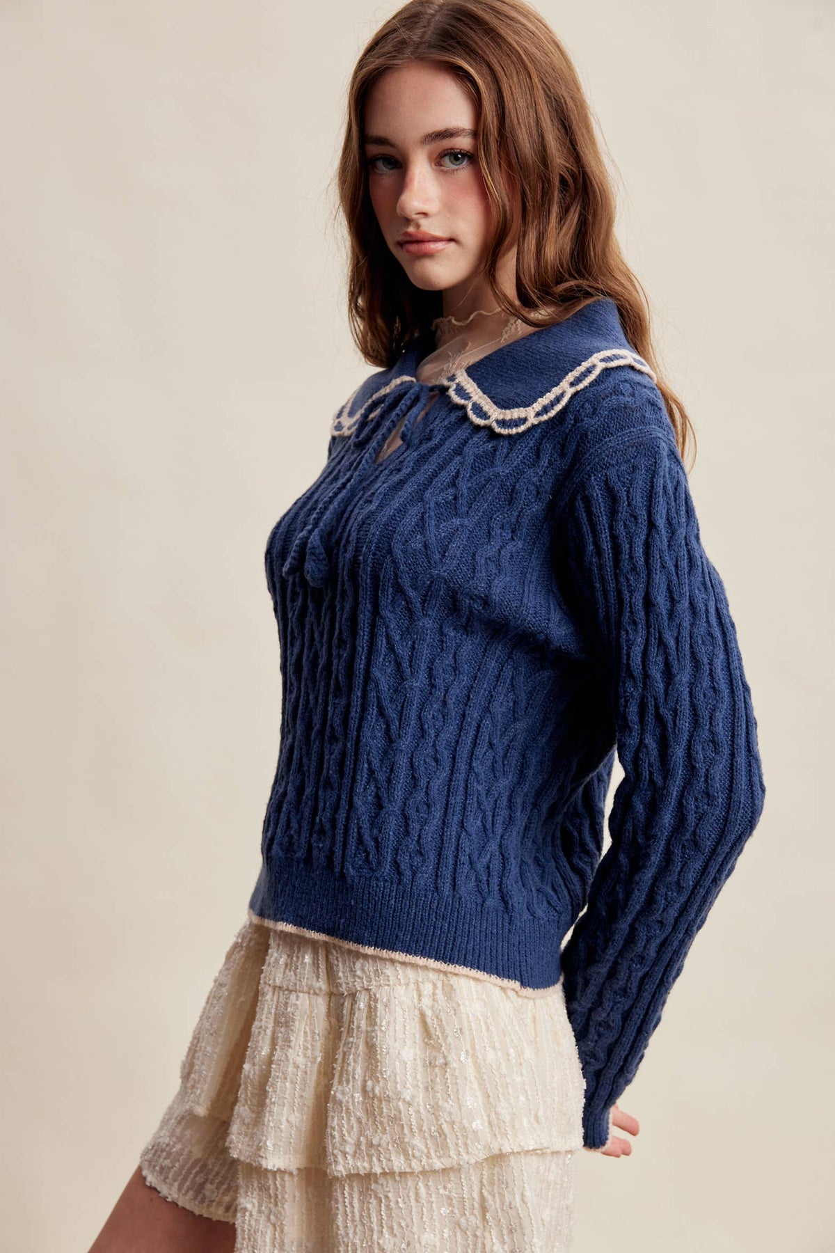 Scalloped Collar Cable Knit Sweater LSW1067