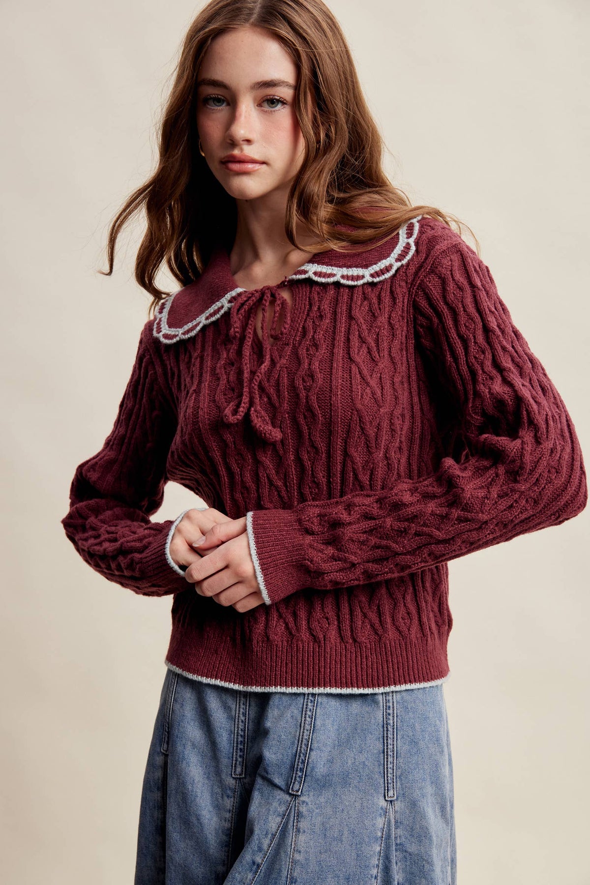 Scalloped Collar Cable Knit Sweater LSW1067