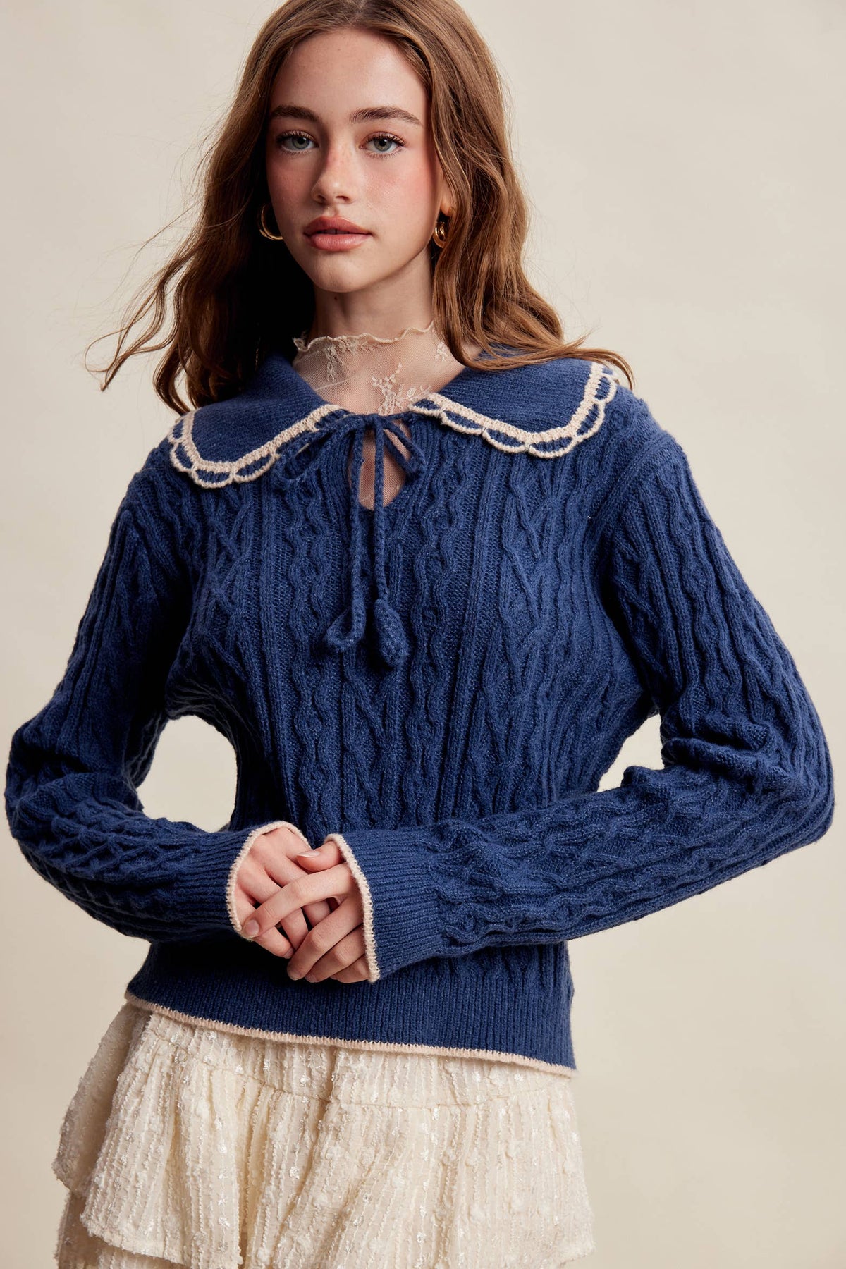 Scalloped Collar Cable Knit Sweater LSW1067