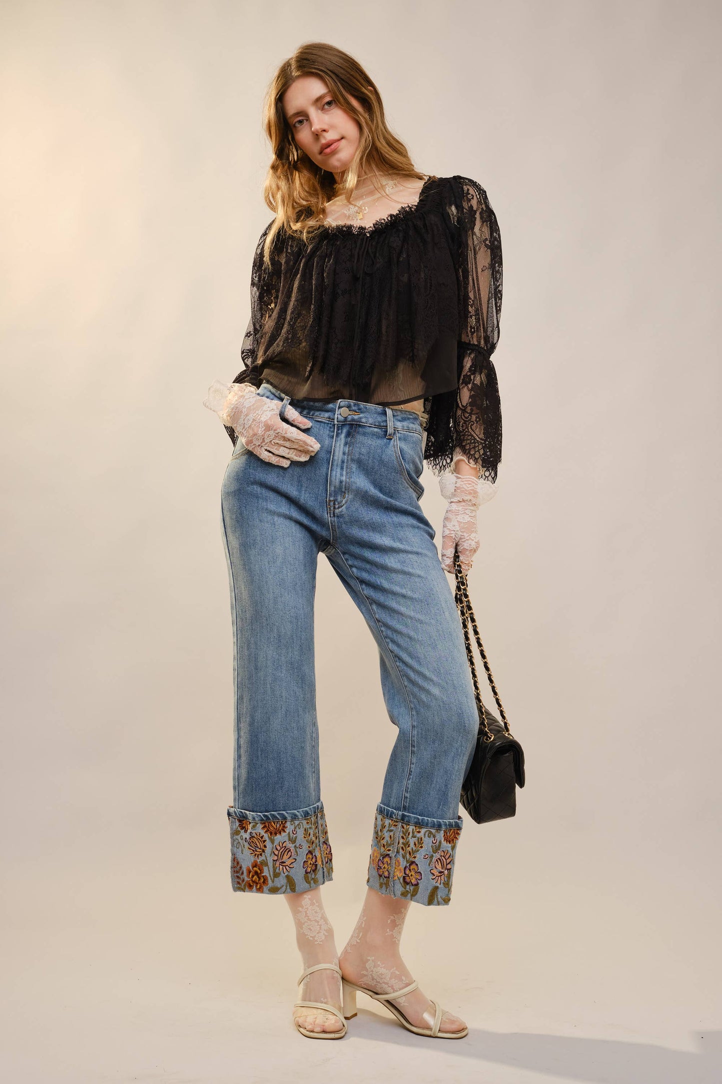 Embroidered Cuffed Cropped Denim Jeans