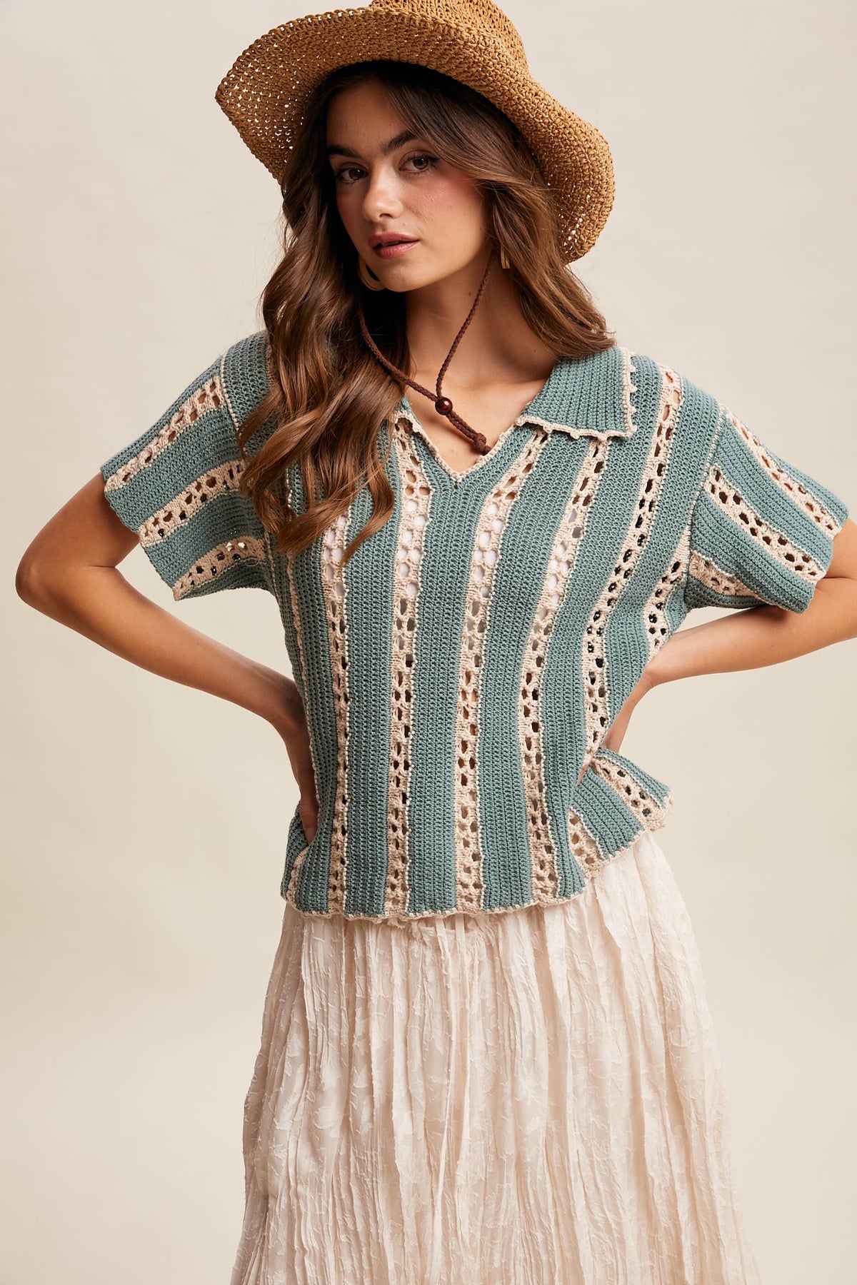 Crochet Stripe Knit Collar Top LSW1040