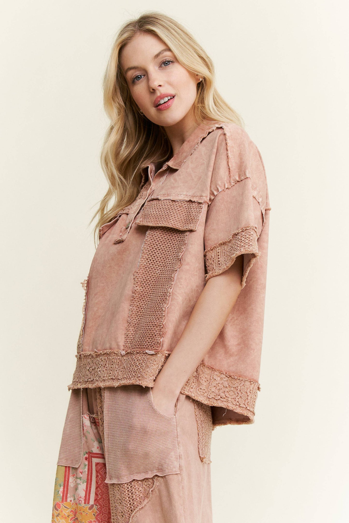 Washed Lace Mesh Collared Blouse