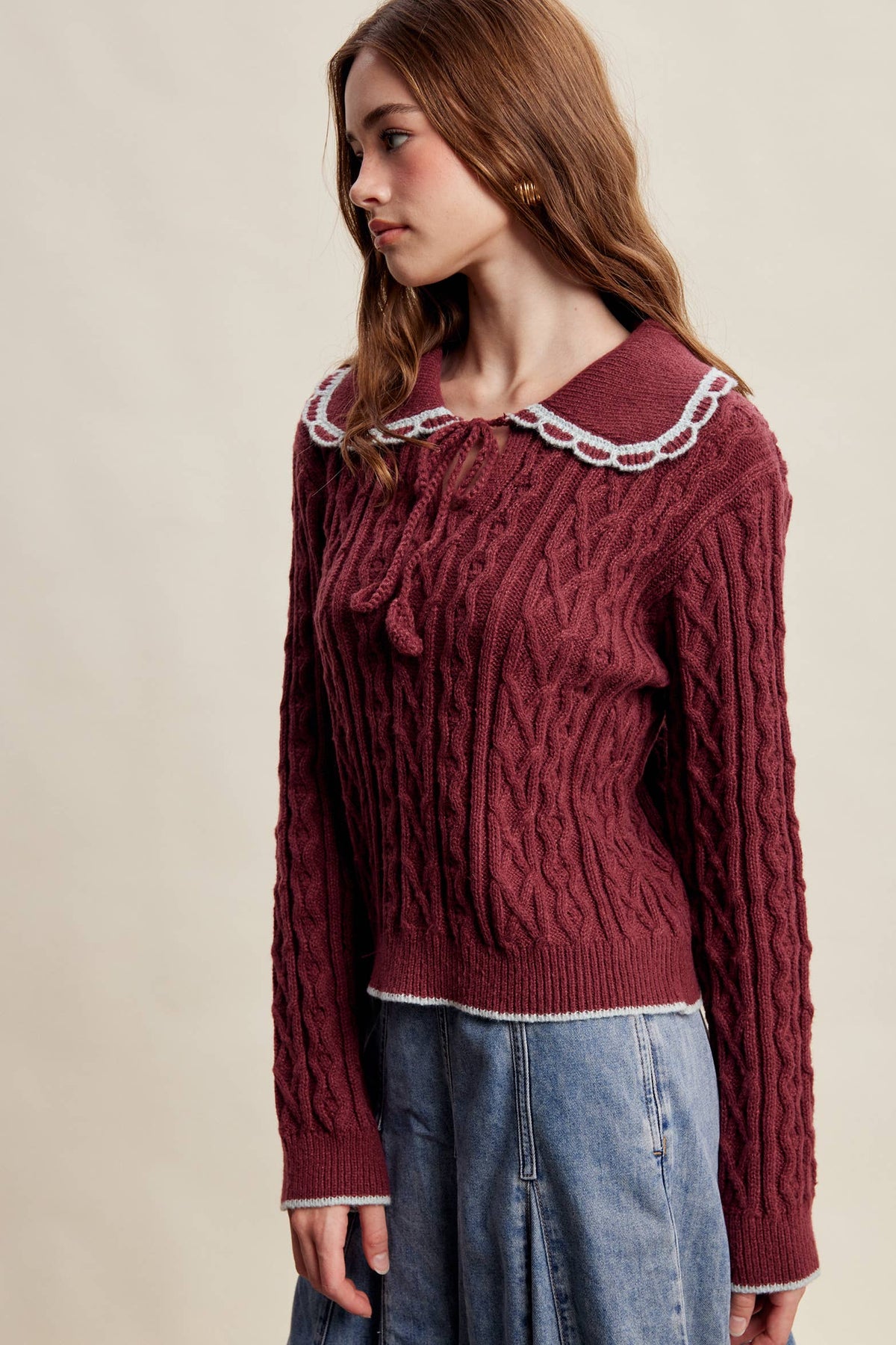 Scalloped Collar Cable Knit Sweater LSW1067
