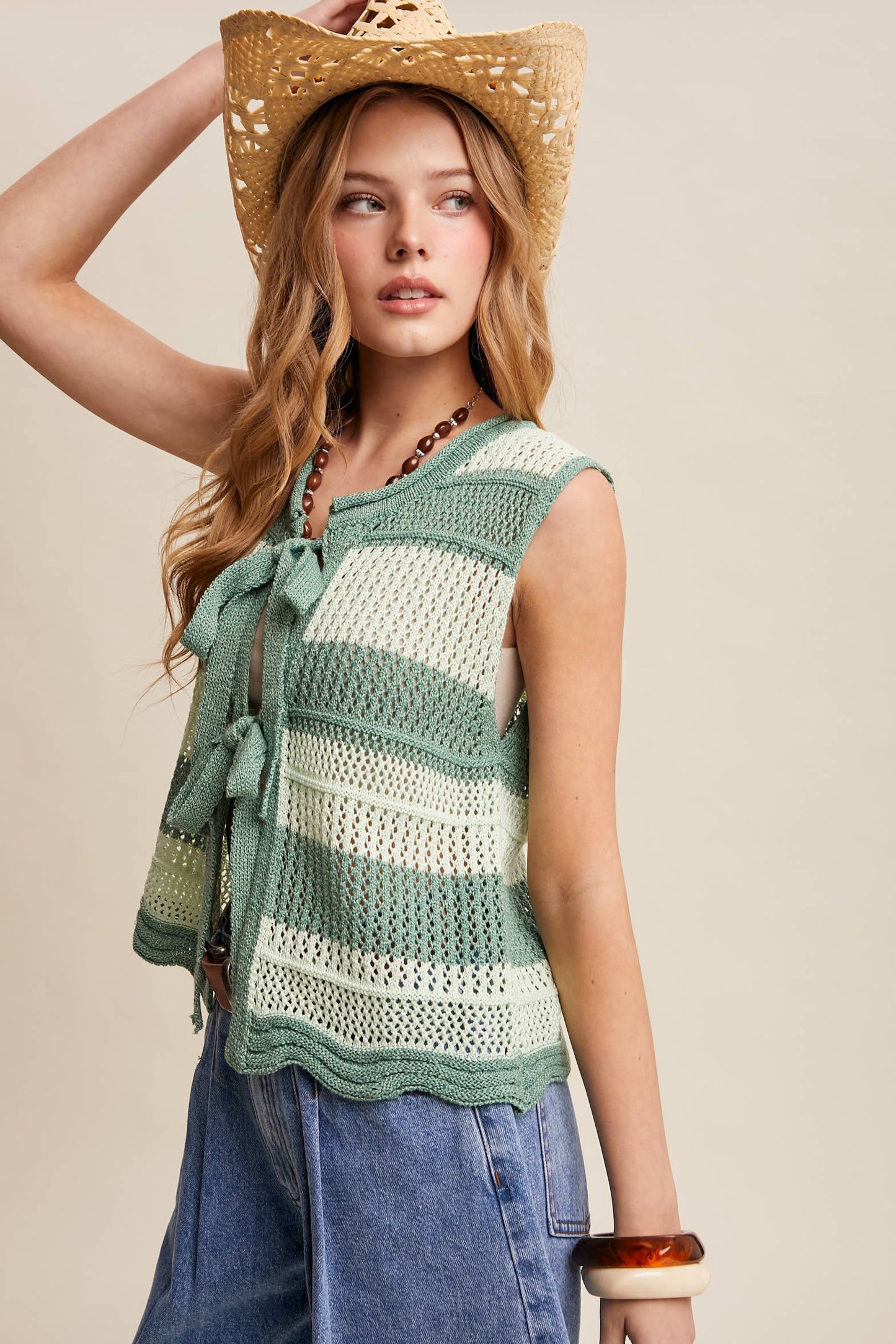 Striped Crochet Tie-Front Knit Vest