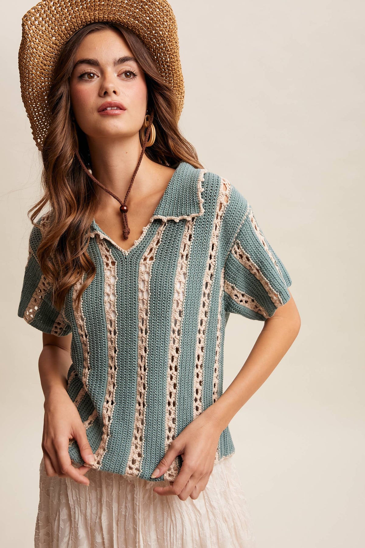 Crochet Stripe Knit Collar Top LSW1040